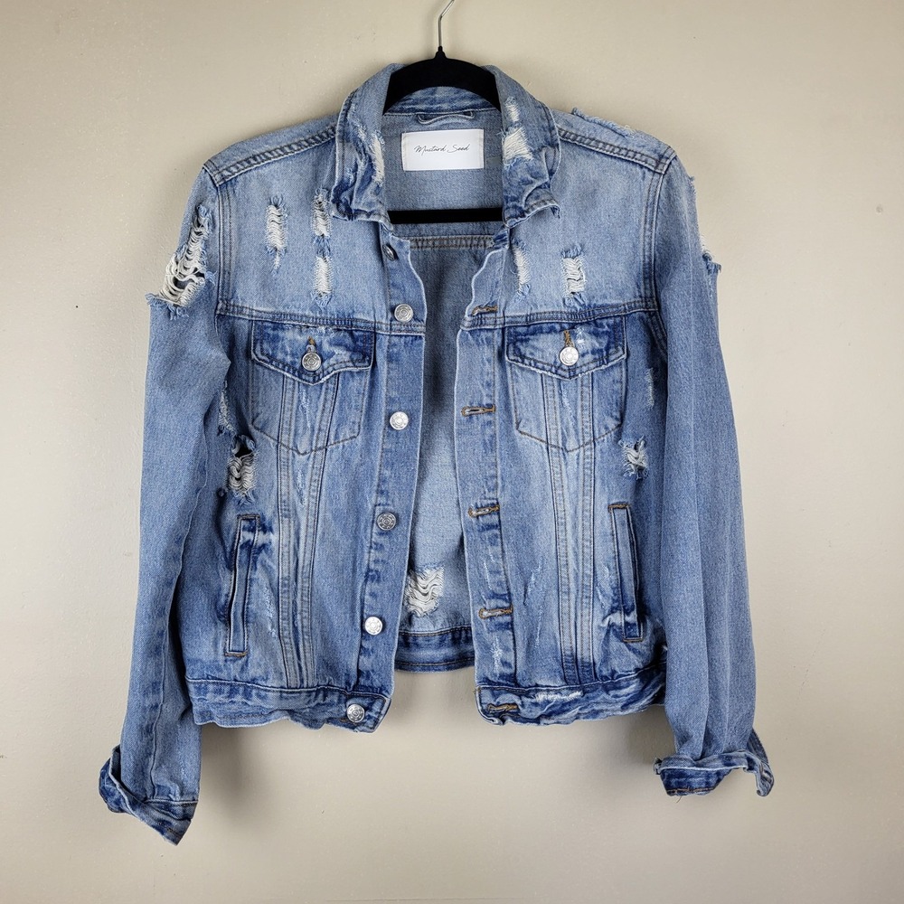 Mustard Seed Denim Jean Jacket Women's Small Blue Distressed Cropped Western